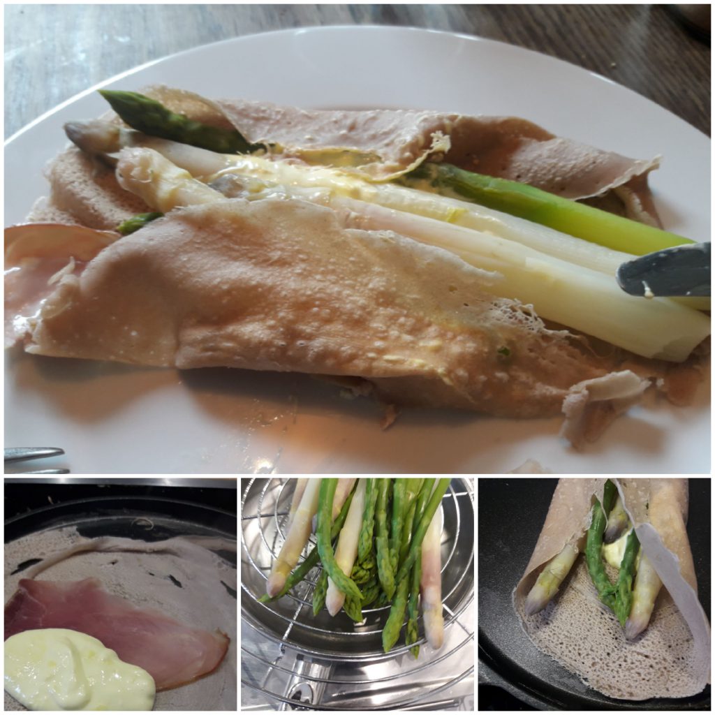 Crêpe mit weißem und grünem Spargel